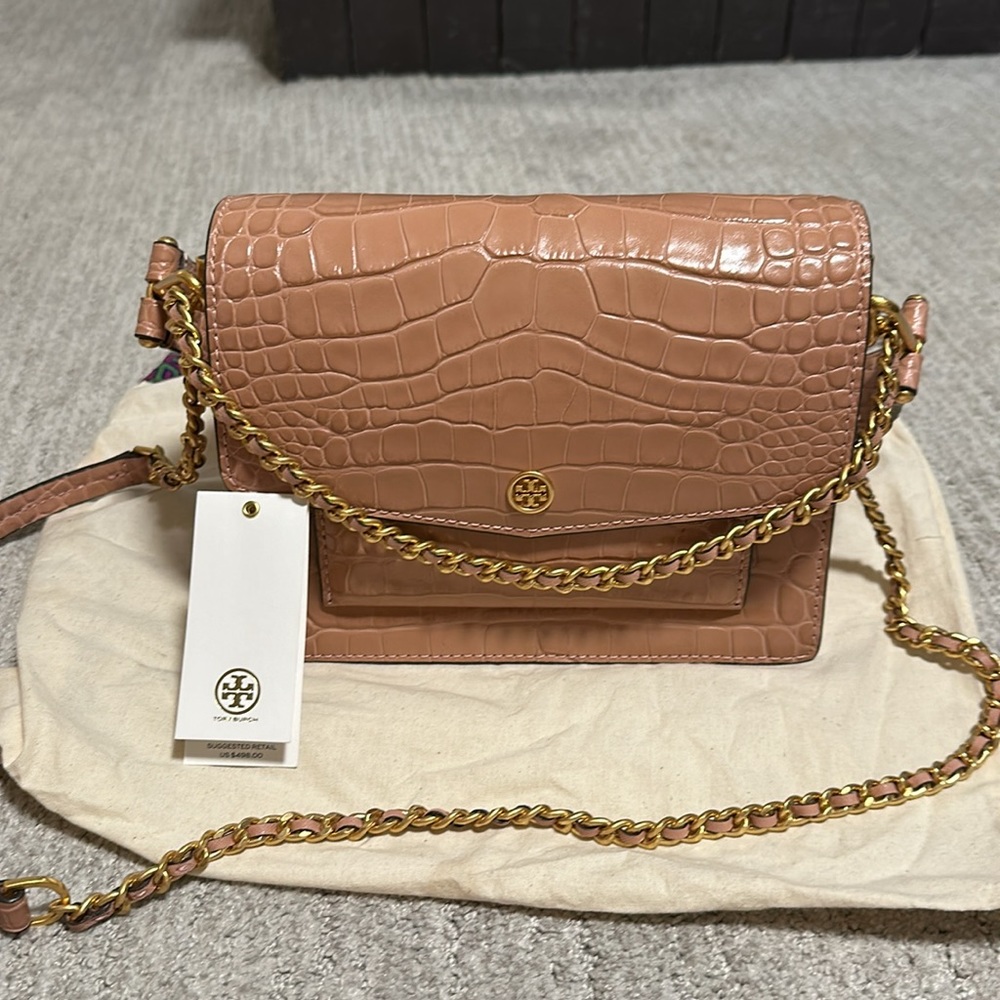 Tory Burch Robinson Embossed Convertible Shoulder Bag, Pink Moon NWT